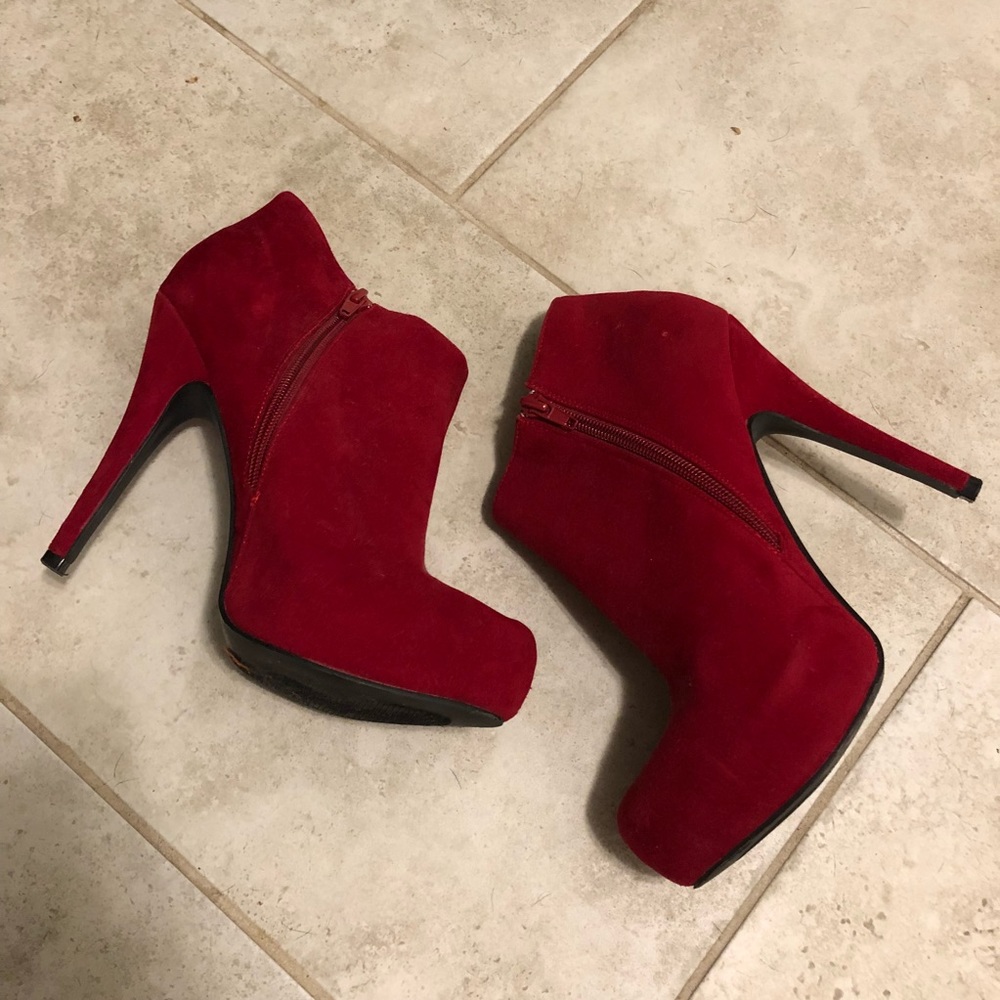 Qupid red velvet stiletto booties